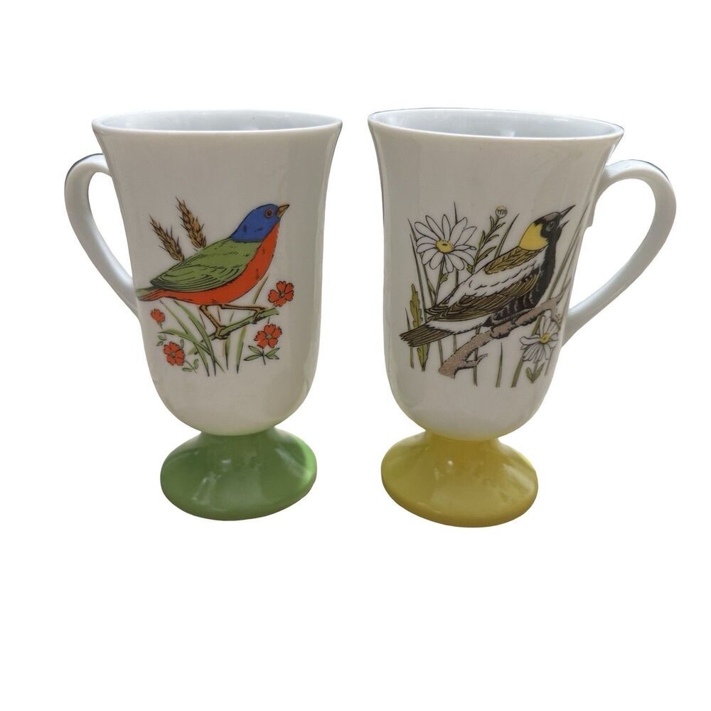 Fred Roberts Mugs 5.5” Footed Pedestal Birds Mid Century Lot Of 2 1970s
